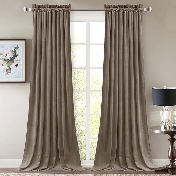 StangH Taupe Velvet Curtains - Premium Blackout Thermal Curtains for Bedroom/Office, Heavy Soft Drapes with Noise Reduction, Modern Neutral Home Decor, W52 x L92, 2 Panels