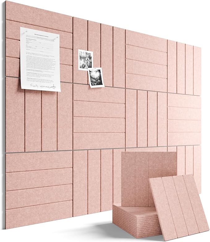 Fluxynara Felt Bulletin Board Tiles Large 48" x 36" Cork Board Alternative-12 Pack with 64 Adhesive Tabs, Thick Slat Wall Panels for Office Decor, Push Pin Board Wall Organizer Alternative -Pink