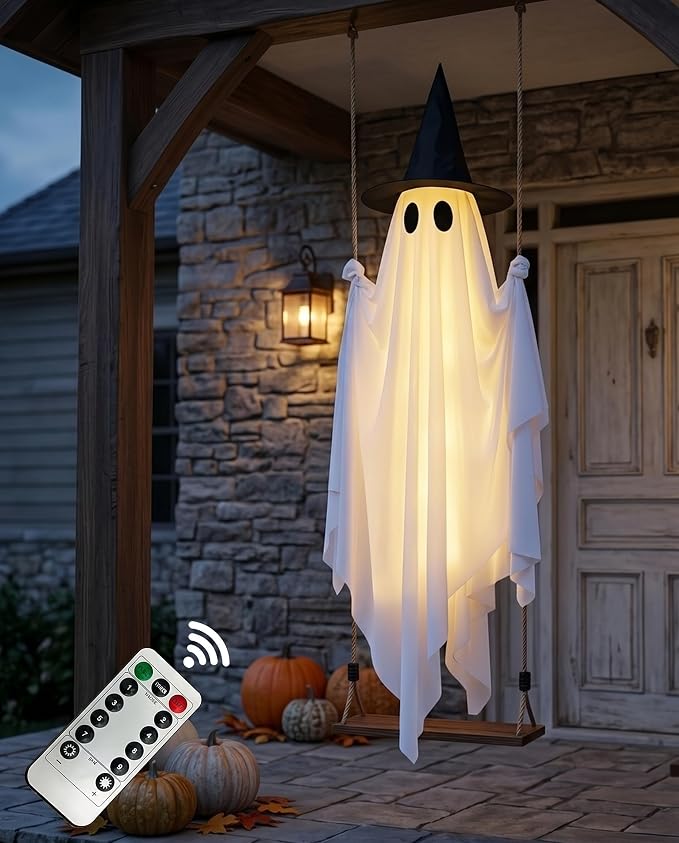 Halloween Hanging Swing Ghost Halloween Decor, Spooky Ghost Decor Outdoor | LED Lights & Remote Control, Timer Function, Waterproof, Solid Wood,With Witch Hat, Rope Adjustable