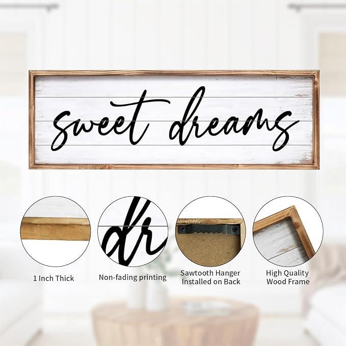 Sweet Dreams Wall Decor Above Bed 42''×15'' Large Bedroom Wall Sign Farmhouse Bedroom Sign Wood Framed Guest Room Decor Master Bedroom Wall Decoration