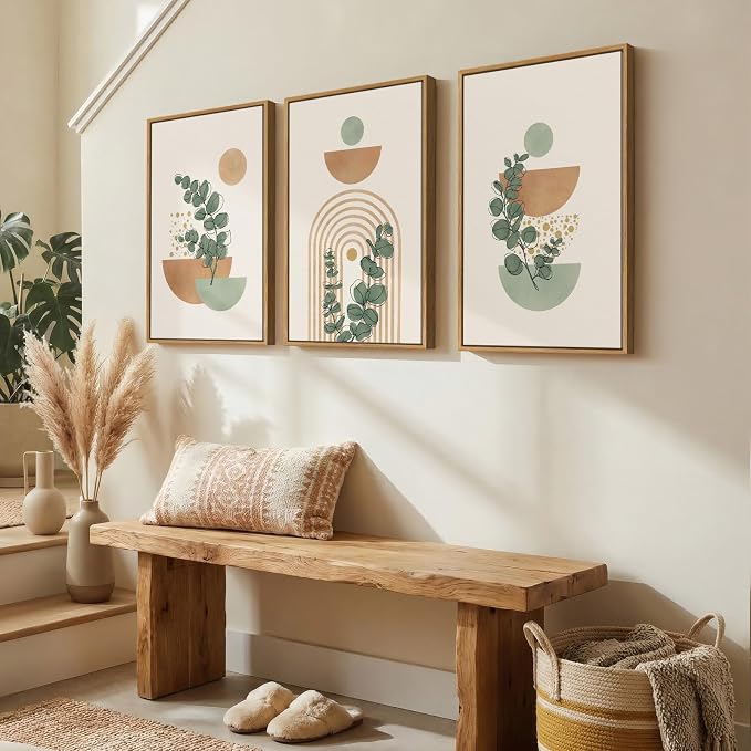 Framed Abstract Boho Wall Art for Living Room, Large Botanical Sage Green Plant Canvas Artwork for Walls, Minimalist Neutral Geometric Line Prints Paintings for Bedroom Hallway 16x24 Inch