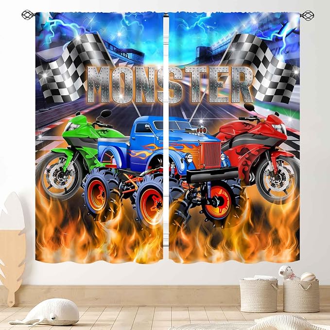 Racing Car Curtains, Cool Monster Cartoon Truck Buring Flame Colorful Race Stadium Blackout Window Drapery Treatments for Boys Kids Baby Bedroom Living Room Playroom Nursery 2 Panel Set, 55"x63" Inch