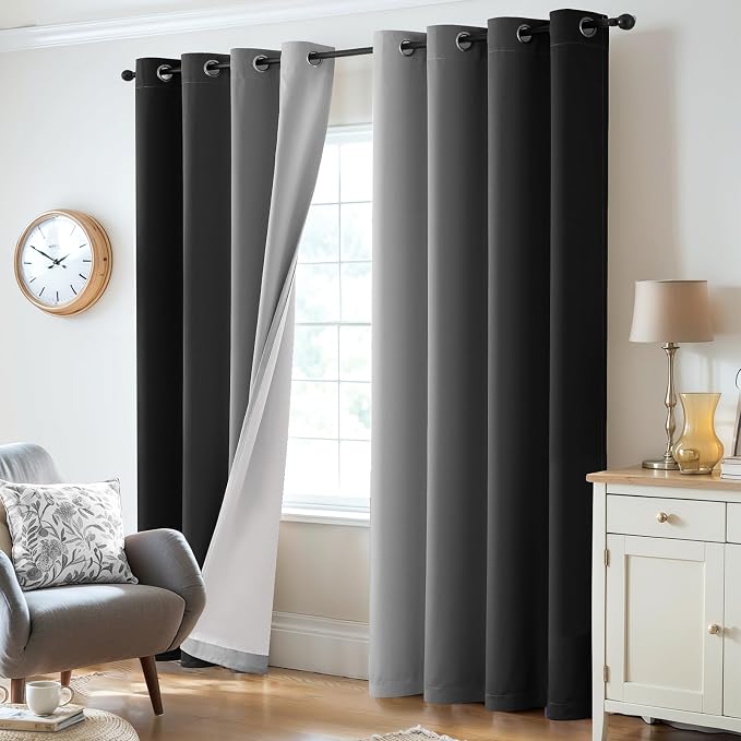 Yakamok 100% Blackout Curtains Ombre Black Curtains for Bedroom 63 Inch | 2 Layers,Room Darkening Grommet Gradient Drapes,Light Blocking Thermal Insulated Window Curtains for Living Room 52W x 63 L