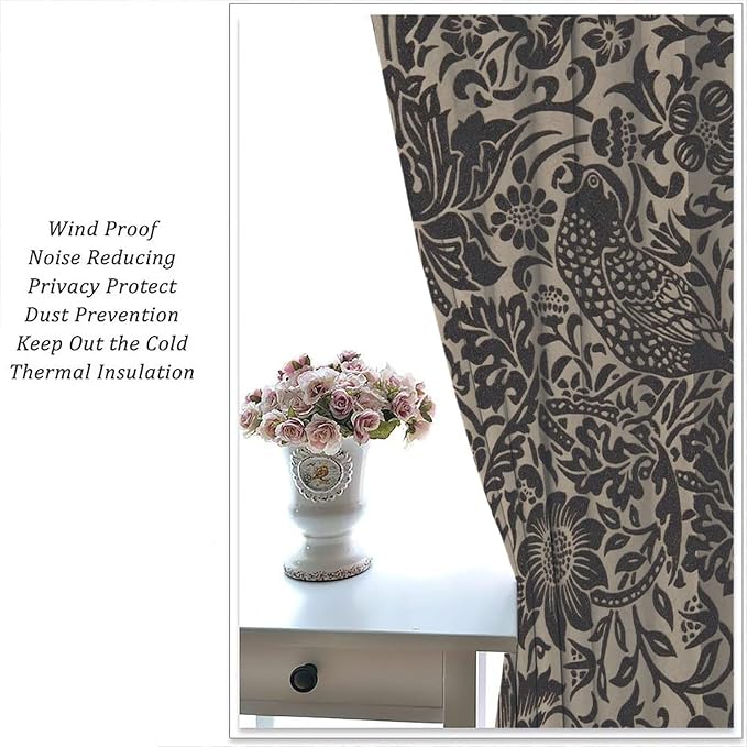 William Morris Style Blackout Window Curtains, Vintage Flower Birds Medieval Abstract Floral Window Drapes, for Living Room Bedroom 36(W)*63(L) 2 Panels
