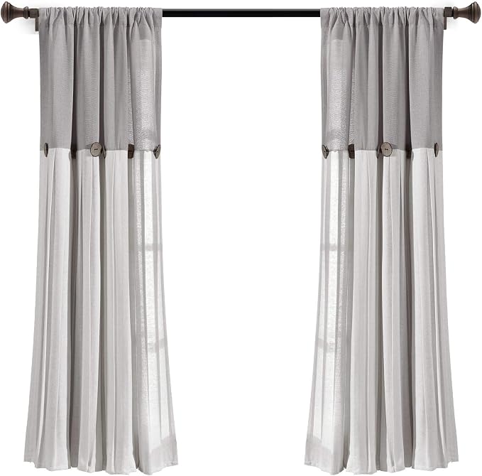 Lush Decor Linen Button Window Curtain Panel, Single, 40" W x 63" L, Gray & Off-white - Country Curtains - Color Block Modern Farmhouse Curtains For Living Room, Bedroom & Dining Room