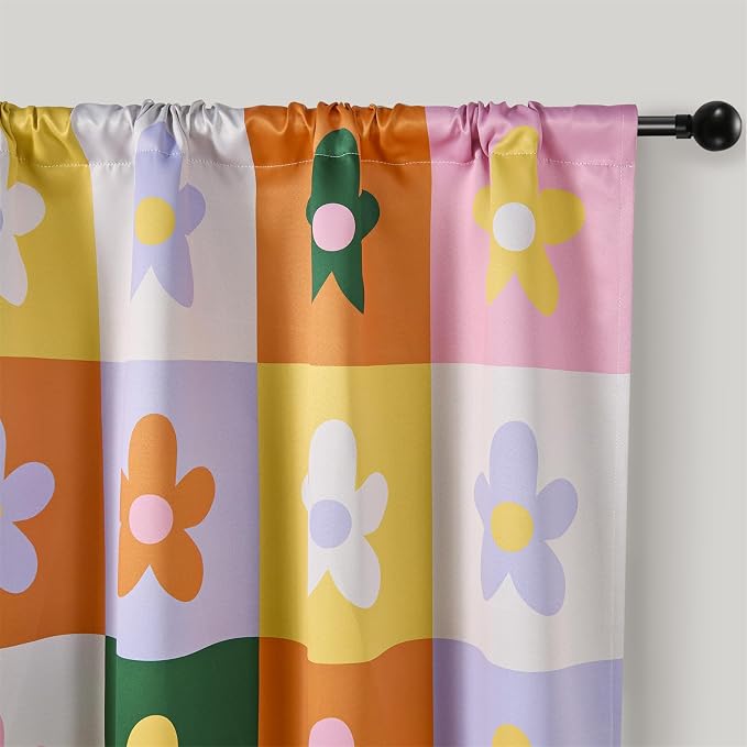 RoomTalks Checkered Floral Blackout Window Curtains for Bedroom Living Room 84 Inches Length 2 Panels, Colorful Retro Daisy Flowers Cute Curtain Panels Funky Aesthetic Dorm Window Drapes