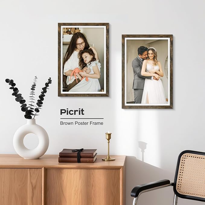 Picrit 12x18 Picture Frame 3 Pack, Wooden Brown Rustic Poster Frame, Display Poster 11 x 17 with Mat or 12 x 18 without Mat for Horizontal or Vertical Wall Mounting