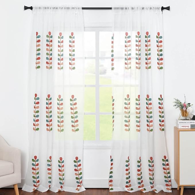 VOGOL Sheer Curtains 106 Inches Long, Colorful Leaves Embroidered White Sheer Rod Pocket Curtains for Living Room Bedroom, W60 X L106, 2 Pieces