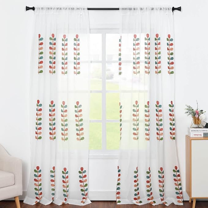 VOGOL Sheer Curtains 84 Inches Long, Colorful Leaves Embroidered White Sheer Window Curtain for Living Room/Dining Room, Rod Pocket, 52 x 84, 2 Panels