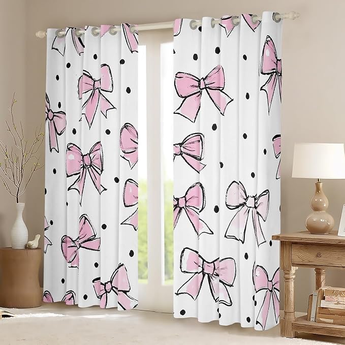 Erosebridal Kids Bow Window Treatments Pink Kawaii Bow 52" Wx84 L Window Curtain for Girls Teen Women Room Decor,Watercolor Bowknot Curtain Black Wave Point Curtains & Drapes