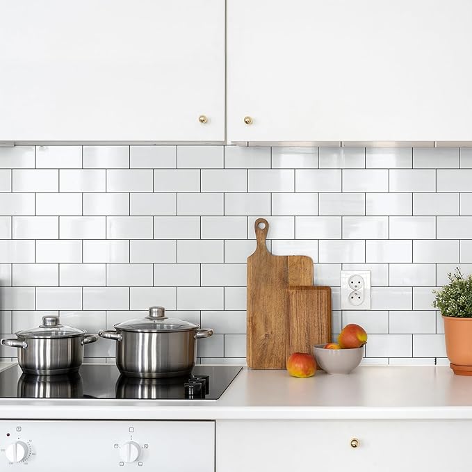 StyloVue Peel and Stick Backsplash for Kitchen, 3" x 6" PVC Subway Tile Upgraded Backsplash Stick on Tile Elevate Kitchen, Bathroom, Fireplace,RV - 4 Pieces Glossy White with Dark Gray Grout