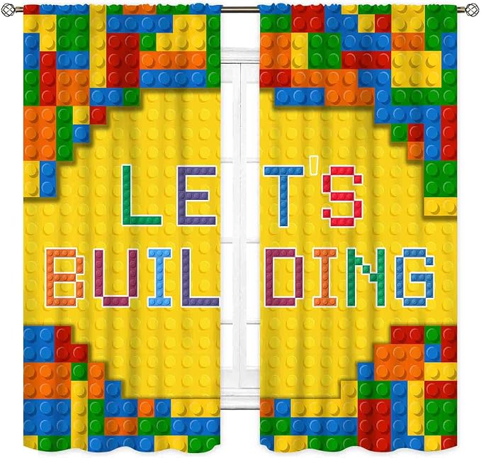 Building Blocks Curtains for Boys Room, Abstract Colorful Plastic Building Brick Blocks Geometric Printed Pattern Yellow Window Drapes for Kids Baby Bedroom Living Room, 63"x72" Inch