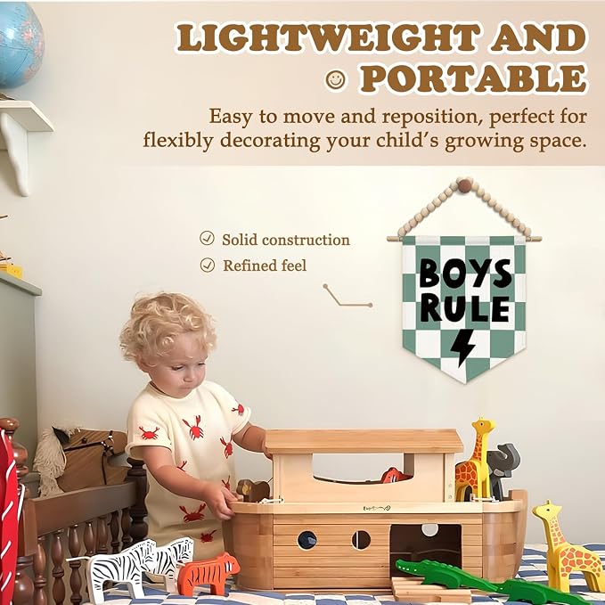 SJDFCSA Boys Room Wall Art Decor, Kids Playroom Decor, Boys Rule Green Checkered Boho Nursery Wall Hanging Display Pennant Flag for Kids Boy Nursery Toddler Room Bedroom Playroom