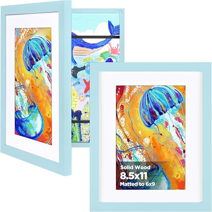 KINLINK 8.5x11 Kids Art Frame 2 Pack, Solid Wood Artwork Frames Changeable, Front Opening Hold 150 Pictures, Art Frames for Kids Artwork, 6x9 with Mat 8.5x11 without Mat, Picture Frames Light Blue