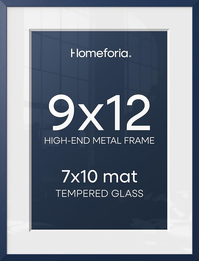 Homeforia 9x12 Navy Blue Frame, High End Metal 9 x 12 Picture Frames with Mat 7 by 10 inch Photo, 9by12 Poster Frame Matted to 7x10 Art, 12x9 Wall or Tabletop Frame, Tempered Glass, Wall Kit, Set of 1