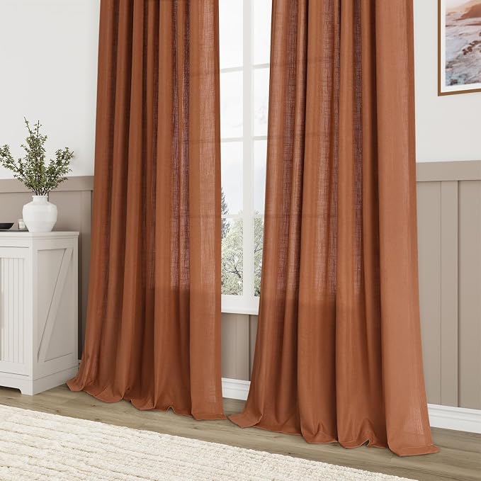 Aersas Terracotta Linen Textured Curtains 72 Inches Long for Living Room 2 Panel Set Back Tab Rod Pocket Semi Sheer Luxury Curtains Pleat Boho Window Curtain Decor for Dining Room Bedroom 52x72
