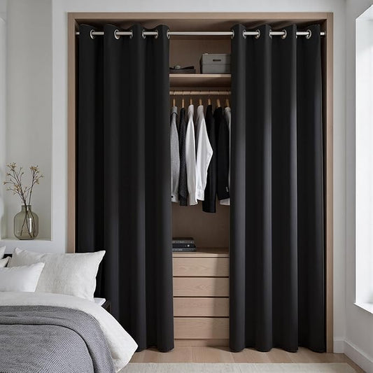 KOUFALL Closet Door Curtain Without Door,Insulated Thermal 78 Inch Long Black Pleated Curtains Alternative to Accordion Door