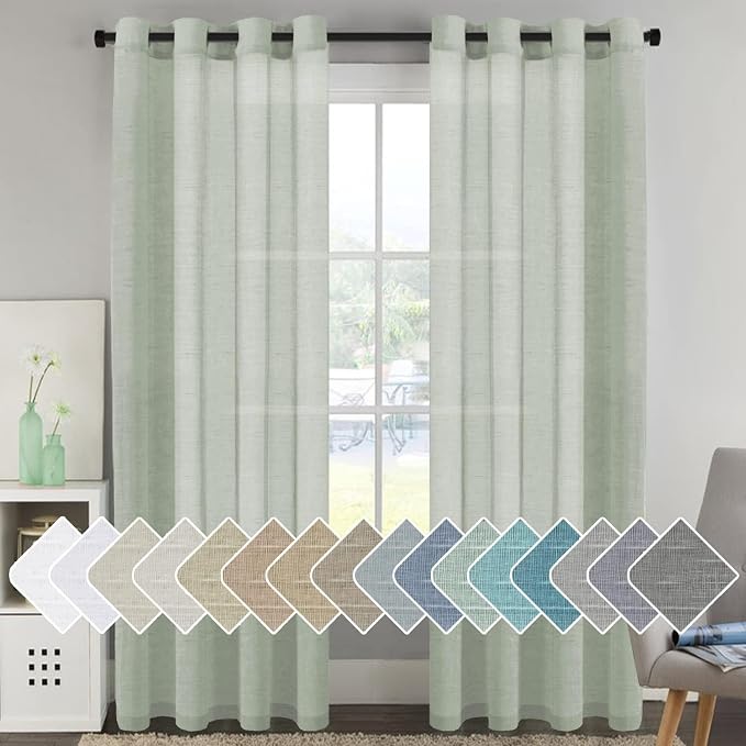 H.VERSAILTEX Linen Curtains Flax Linen Blended Curtain Panels for Living Room/Bedroom Semi Sheer Privacy Curtains 120 inch Length 2 Panels Set Nickel Grommet Window Drapes, Sage