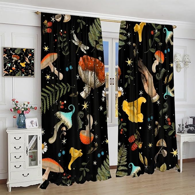 Retro Mushroom Curtains, Boho Rustic Vintage Botanical Mushroom Gothic Witch Wildflower Plant Print Blackout Window Treatments for Living Room Bedroom Kitchen 63x72in