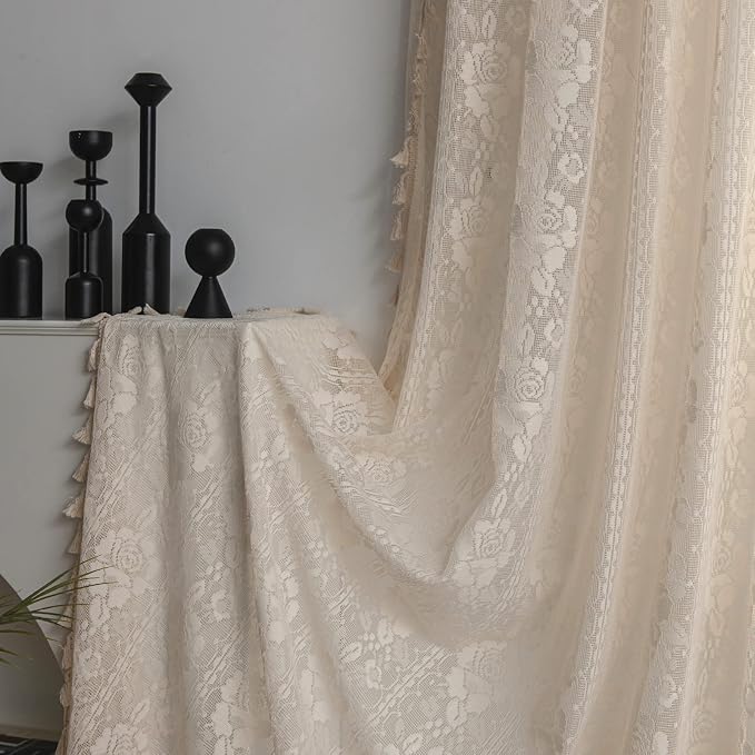Sutuo Home Beige Boho Curtains for Living Room Bedroom,Bohemian Crochet Florals Embroidery Sheer Lace Handmade Tassels Vintage Rustic Window Treatment Country Drape Rod Pocket 1 Panel 59" W x 96" L