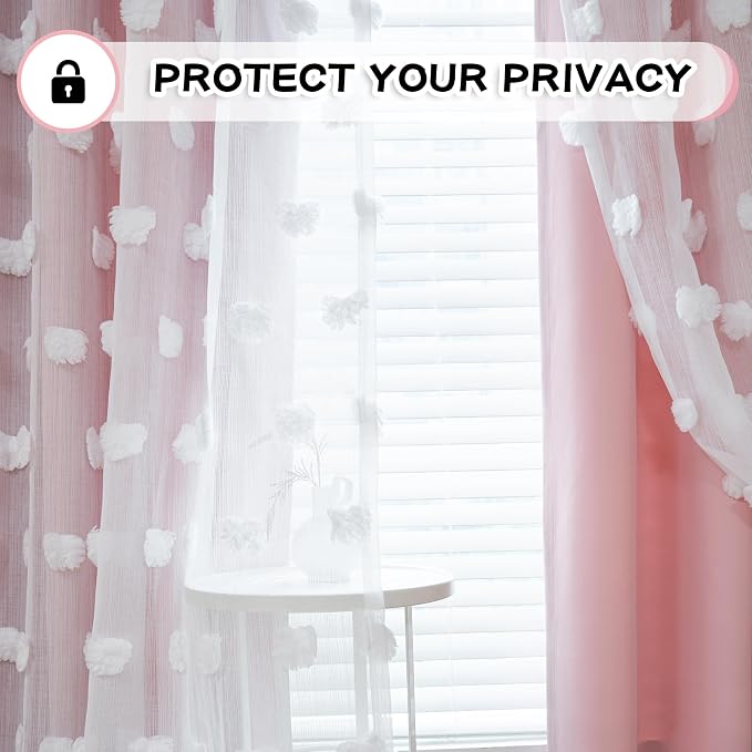 MYSKY HOME Pink Curtains for Bedroom 90 Inches Long Living Room Curtain with Pom Pom Sheer for Dining Room Grommet Double Layer Nursery Curtain Drapes Toddler Room Darkening Window Panels 52 x 90 in