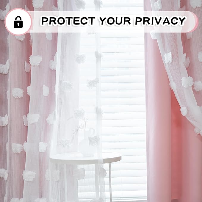 MYSKY HOME Pink Curtains for Girls Bedroom 54 Inches Long Kids Curtain with White Pom Pom Sheer Short Curtains for Windows 2 Layered Drapes Grommet Room Darkening Nursey Curtain, 2 Panels, W52 X L54