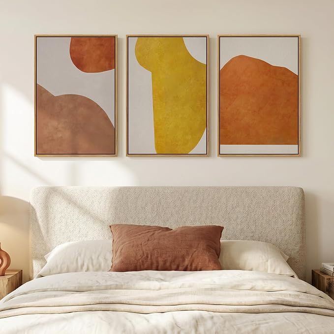 Framed Abstract Orange Wall Art Bedroom, 3 Piece Mid Century Modern Minimalist Yellow Canvas Artwork for Walls, Large Geometric Boho Neutral Pictures Prints Wall Decor Living Room Office, 16x24 Inch