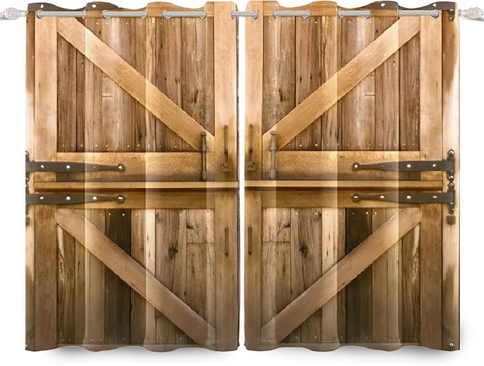 Vintage Wooden Door Window Curtains Rustic Yellow Brown Barn Door Curtains Old Garage Door Rural Style Window Drapes American Native Country Farmhouse Window Treatment,42x63 inch,2 Panels