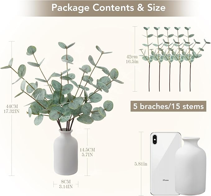 dallisten Artificial Eucalyptus Stems with Ceramic Vase, 17'' Fake Plants for Home Decor, White Vase with Greenery for Modern Farmhouse Boho Decor, Table Centerpiece for Room Bathroom Kitchen Mantle