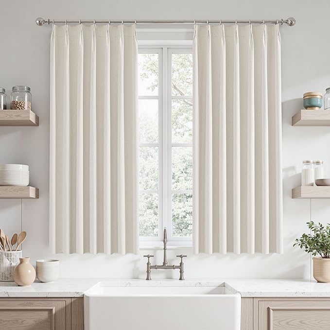 Blackout Curtains 54 Inch Long for Living Room Bedroom, Linen Drapes Ivory Pinch Pleat Room Darkening Thermal Insulated Noise Reducing Black Out Curtain 2 Panels Set with Back Tab