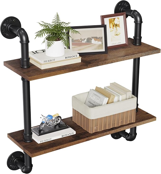 Merapi 24" Industrial Pipe Shelves Wall Mounted, 2 Tier Rustic Floating Shelves for Wall, Kitchen Storage Shelves, Coffee Bar Shelf Organizer, Bathroom Wall Shelves, Living Room Wall Decor
