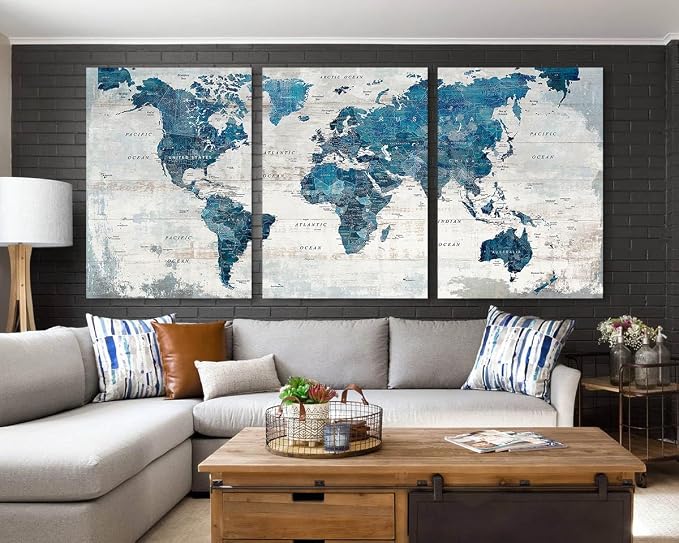Office Wall Art Extra Large Framed World Maps Canvas Living Room Pictures | Oversized Wall Decor for Men Women Neutral Artwork Vintage Huge Giant Blue Map Travel Paintings