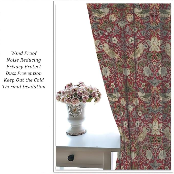 Boho William Morris Blackout Curtains, Retro Bird Plant Natural Flower Pattern Print Window Drapes, for Living Room Bedroom 21(W)*54(L) 2 Panels