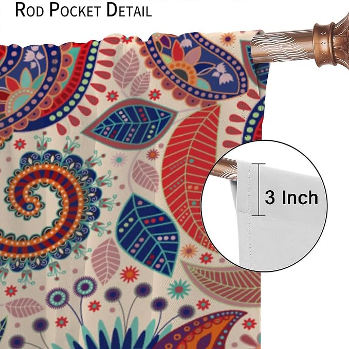 Boho Decorative Curtains Bedroom Living Room Rod Pocket Curtains, Vintage Boho Grill Floral Pattern 2 Panel Set, 72x63 in.