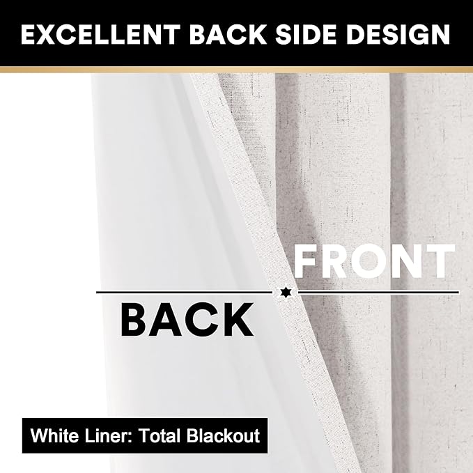 PrinceDeco Ivory 100% Blackout Curtains 54" Long Blackout Curtains for Bedroom Linen Texture Solid Thermal Insulated with White Liner Luxury Decor for Nursery 52x54 Inch (2 Panels)