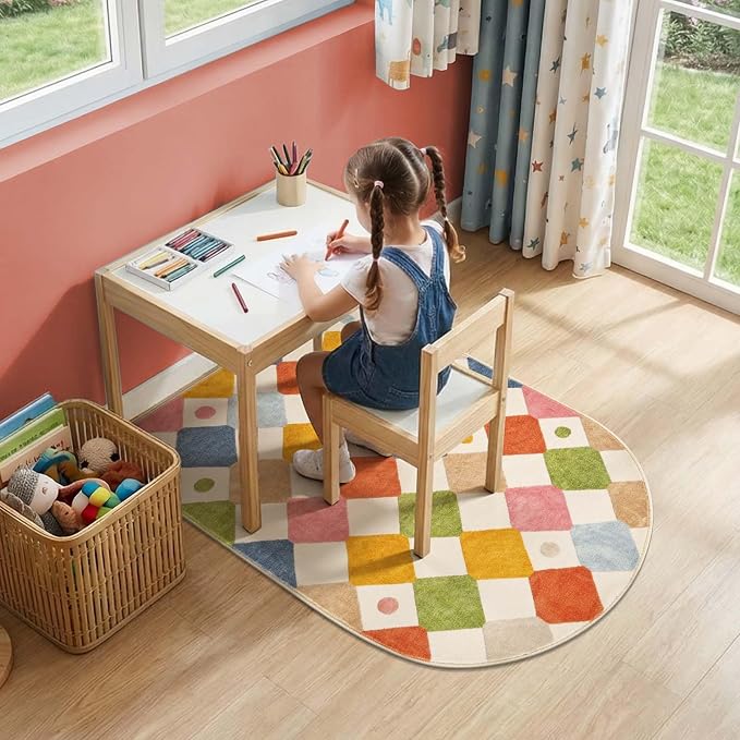 jinchan Macy Arched 3x5 Washable Kids Area Rug, Modern Colorful Checkered Diamond Rug for Nursery Kids Room Study Corner, Soft Low-Pile Non-Slip Doormat Dirt Trapping Chair Mat, Circus on Cream