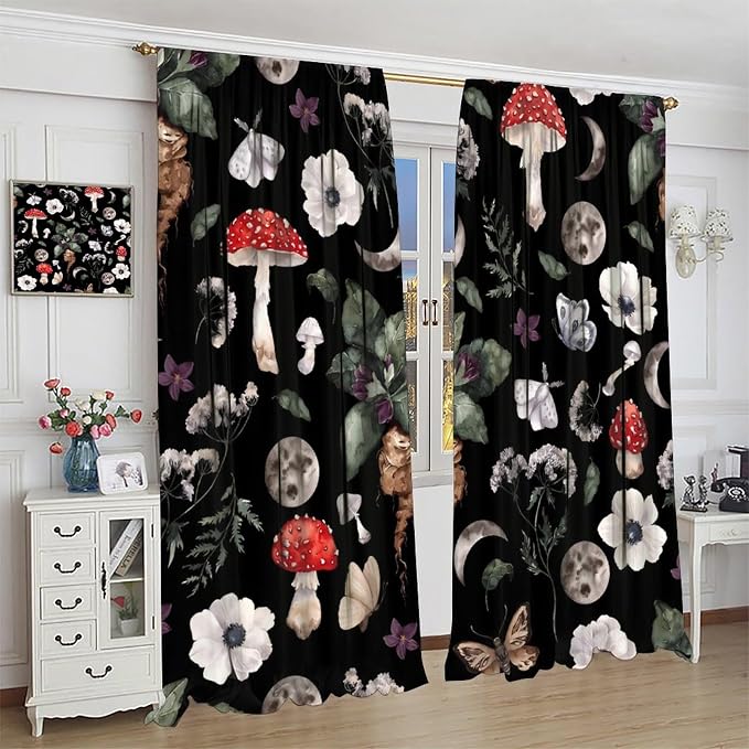 Vintage Mushroom Curtains, Gothic Dark Flowers Botanical Plants Herbs Mushroom Butterfly Moth Print Blackout Window Curtains for Kitchen Bedroom Livingroom, 42" W X 45" L