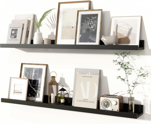 Fun Memories Picture Ledge Shelves Set of 2, 36 Inch Rustic Wall Mounted Floating Shelves with Lip for Home Storage and Décor in Bathroom, Kitchen, Nursery, Bedroom, Living Room, Black