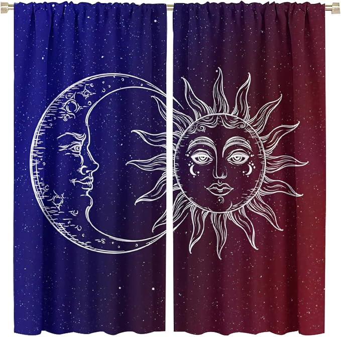 Sun Moon Blackout Windows Curtains, Burning Sun Moon Red Blue Cosmic Galaxy Bohemian Curtains, for Living Room Bedroom 42x45in 2 Panels