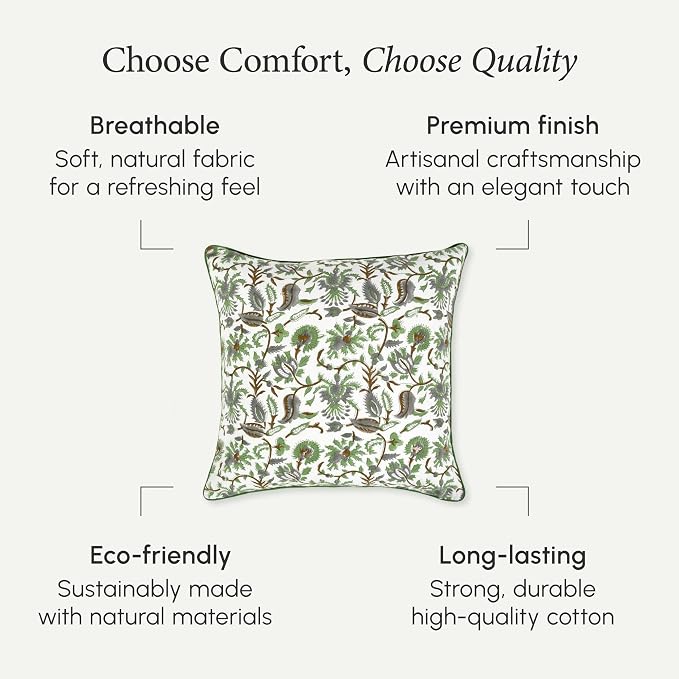 CPC 100% Cotton Throw Pillow Covers 20x20 Inch, Set of 2 Green Block Print Pattern Couch Pillow, Cute Boho Decorative Pillows for Living Room, Bedroom with Hidden Zipper- Mint Leaf