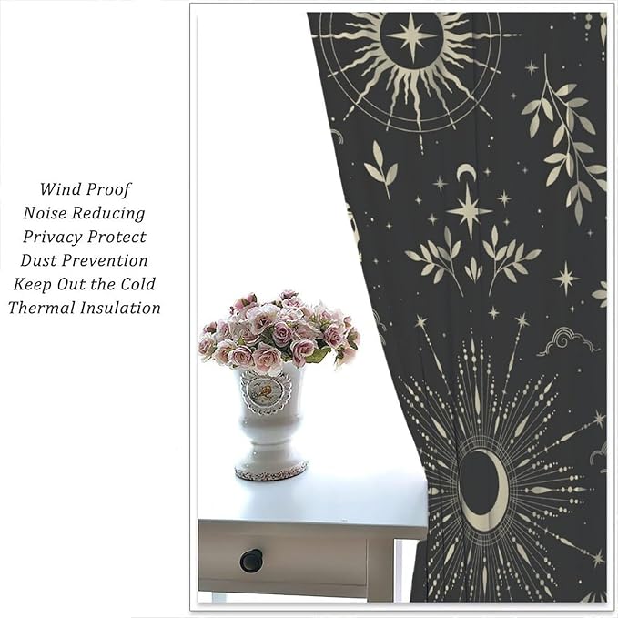 Golden Sun Moon Blackout Curtain, Bohemian Universe Sun Moon Clouds Stars Art Print Window Drapes, for Bedroom Living Room 72" W X 63" L