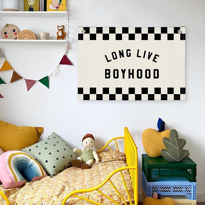 Long Live Boyhood Race Car Boys Room Decor - Checkered Banner Wall Hanging Canvas Banner Flag Decor for Toddler Boy Room Nursery Playroom