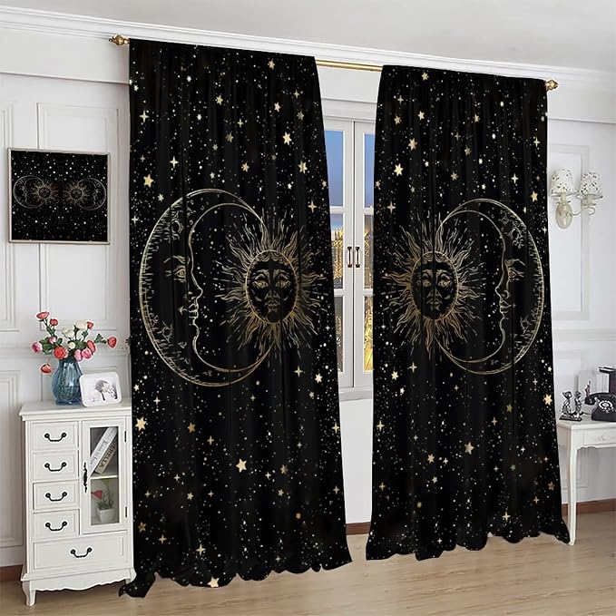 Sun Moon Blackout Windows Curtains, Golden Sun Moon and Stars Black Sky on Bohemian Style Curtains, for Living Room Bedroom 55x63in 2 Panels