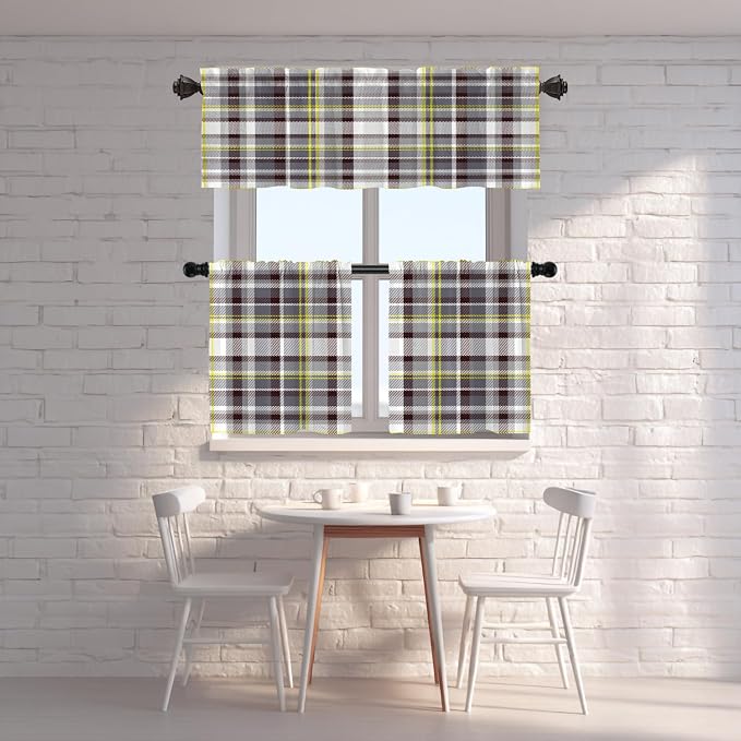 Shrahala Grunge Vintage Art Plaid Blackout Short Curtains for Windows,Tartan Grey Kitchen Curtains Sets for Windows Thermal Insulated Bathroom Window Curtain 2 Pack 52 X 16 in
