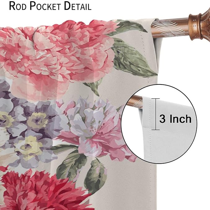 Floral Blackout Window Curtain Vintage Bouquet of Peony Wild Flowers Nature Botanical Leaf for Home Kitchen Livingroom Coffee Room Curtains Drapes 2 Panels 63x72in