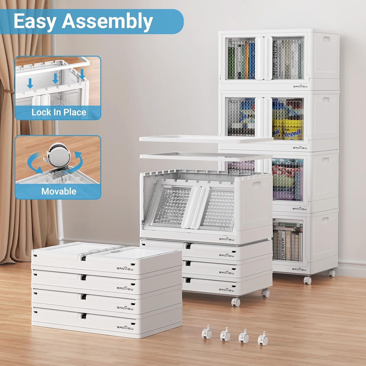 300Qt Stackable Storage Bins with Lids, 75Gal Closet Organizers and Storage Drawer, Plastic Collapsible Storage Bins with Doors, Heavy Duty Store Box Cabinet for Home Kitchen, 3Pack White