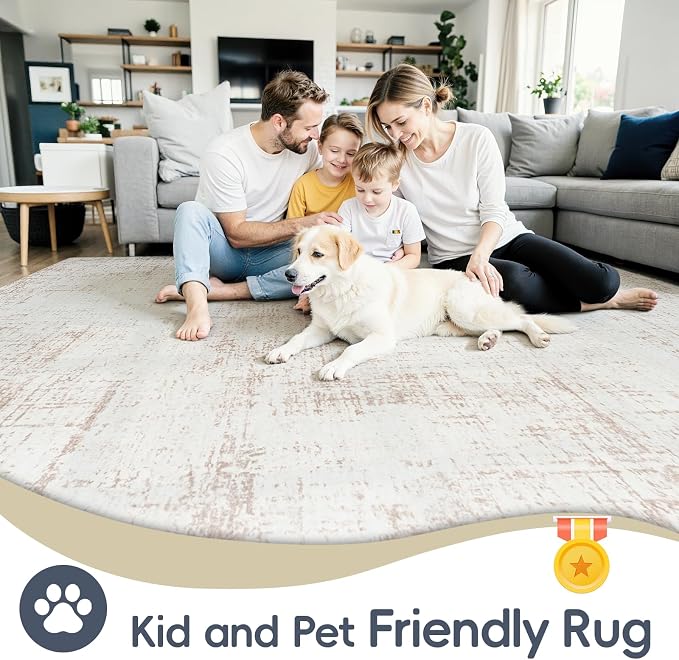 9x12 Area Rugs for Living Room Washable Rug: Anti-Skid Abstract Modern Living Room Rug Soft Thin Carpets Indoor Floor Non-Shedding Carpet for Bedroom Dining Farmhouse Nursery Home Office Beige White