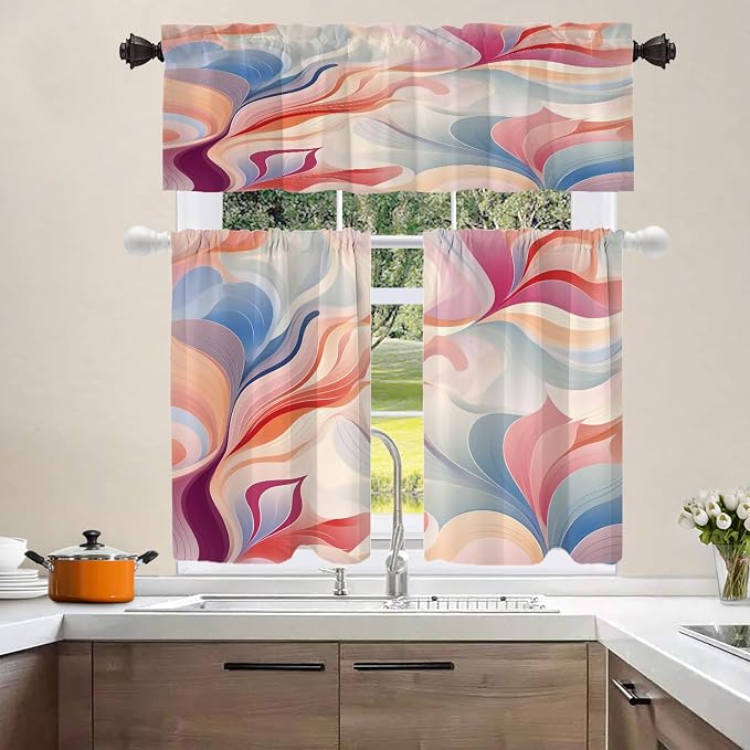 Shrahala Colorful Waves Blackout Curtain Tiers, Fluid Abstract Pattern Kitchen Valance Light Blocking Tier Drapes with Rod Pocket, 2 Pack 26 X 36 in