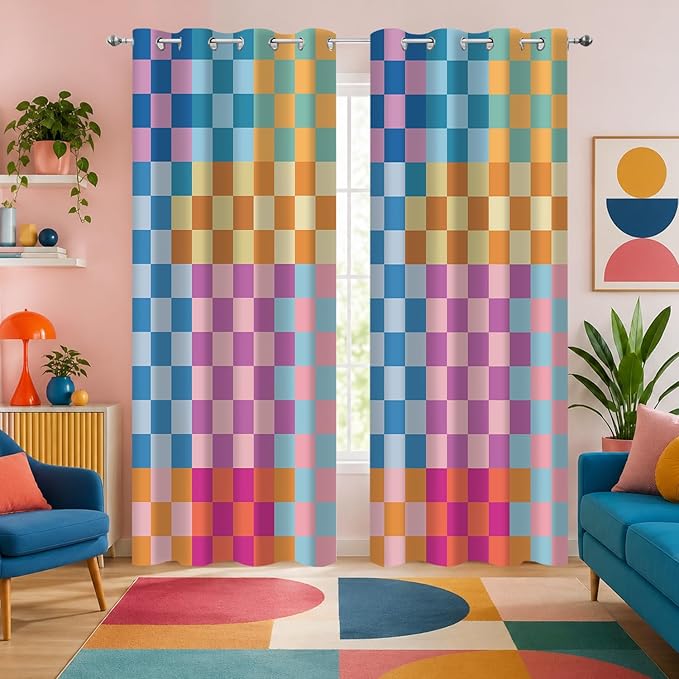 Multicolored Checkerboard Blackout Curtains, Mid Century Modern Colorful Vibrant Checkered Room Darkening Thermal Insulated Grommet Window Drapes for Living Room Bedroom Decor 2 Panels 52x84 Inches