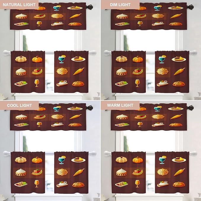 Shrahala Happy Thanksgiving Day Blackout Curtain Tiers, Pumpkin Turkey Bird Leaves Kitchen Valance Light Blocking Tier Drapes with Rod Pocket, 2 Pack 26 X 24 in